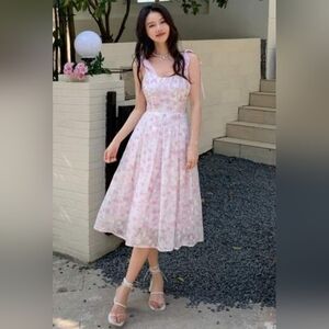 Pink Floral Vintage Style Dress Full Skirt Shoulder Tie Straps M-L See Measurent